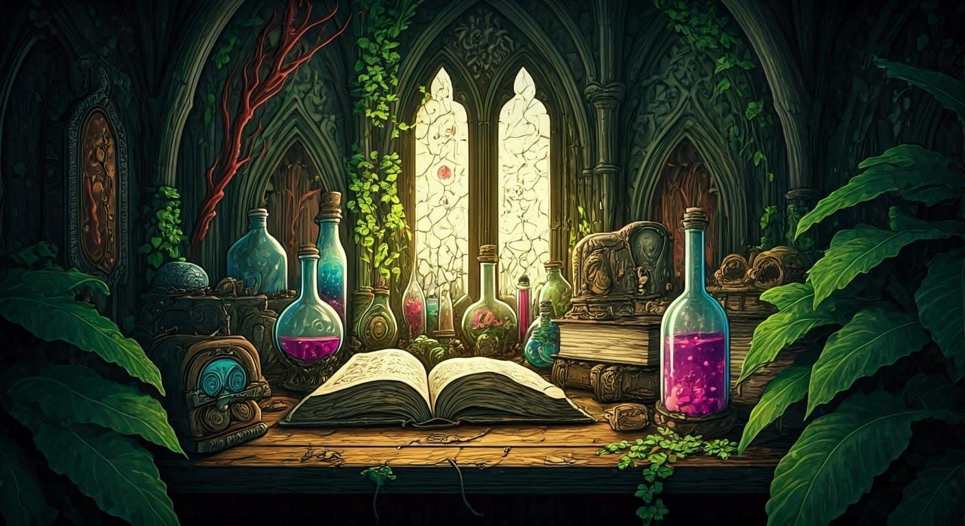 Enchanted Wizards' Atrium in Dark, Whimsical Style