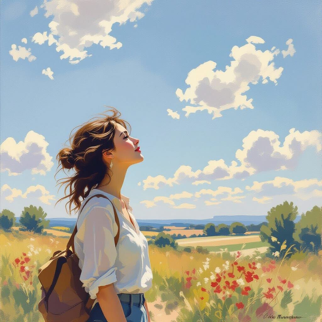 Woman Gazing Skyward in Impressionist Style