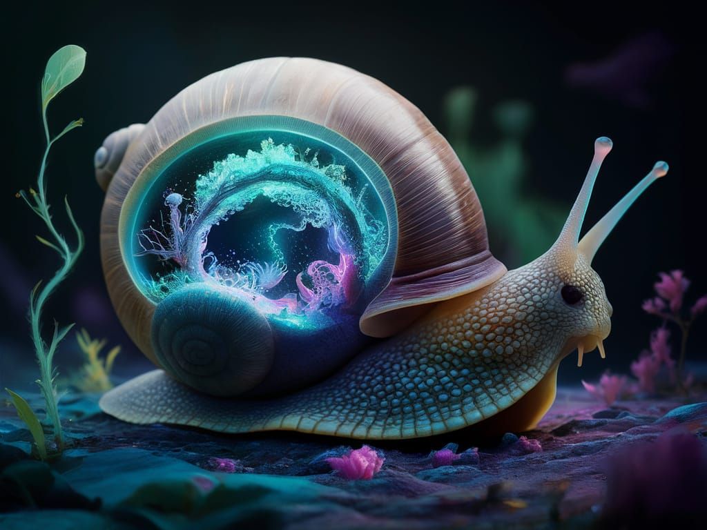 A hyperrealistic 8K digital illustration of a transparent snail with bioluminescent fluorescence, revealing a magical wo...