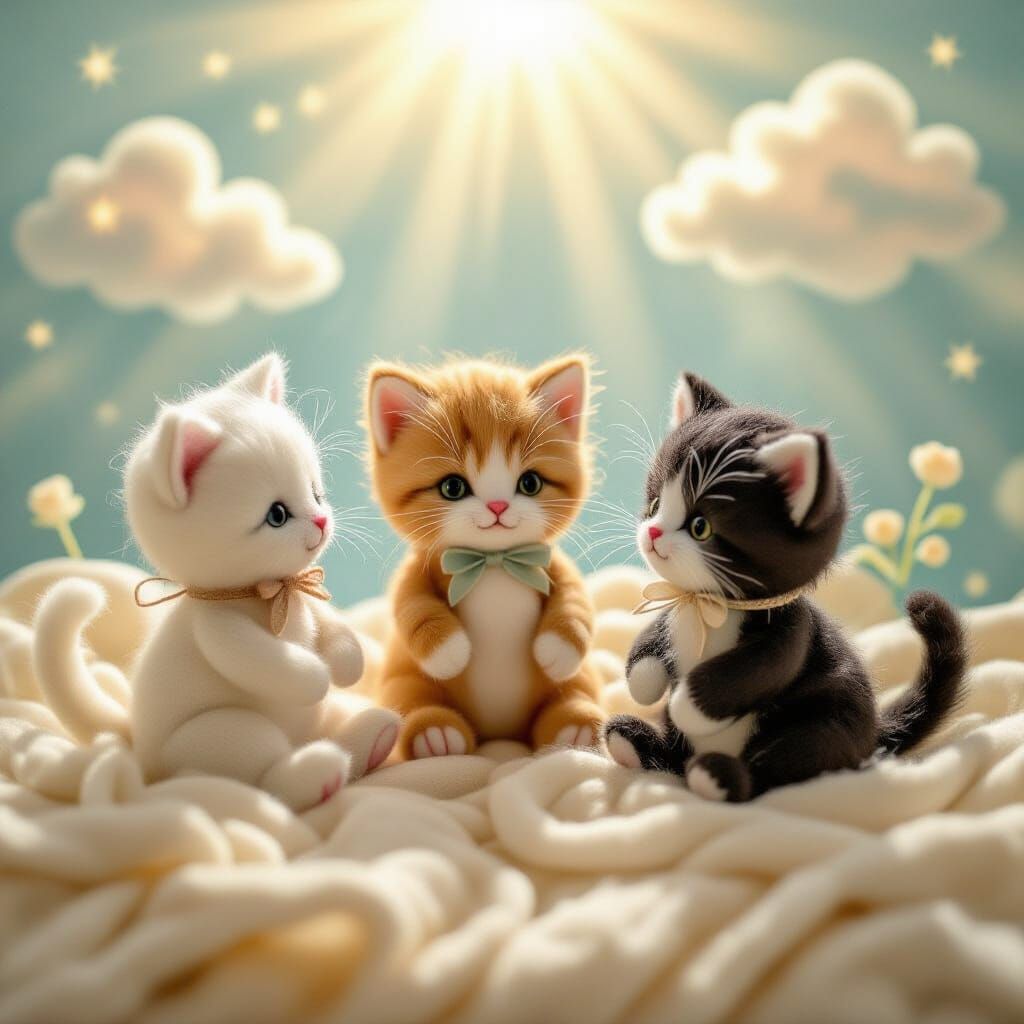 Felted Kittens Playing in Dreamy Sunlight
