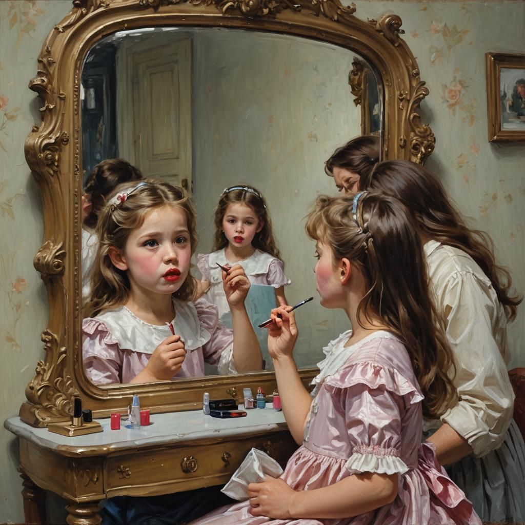 Little girl putting on her mother’s lipstick. She is facing a mirror.