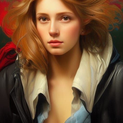 Girl with Braids Eating Apple, Art Nouveau Portrait