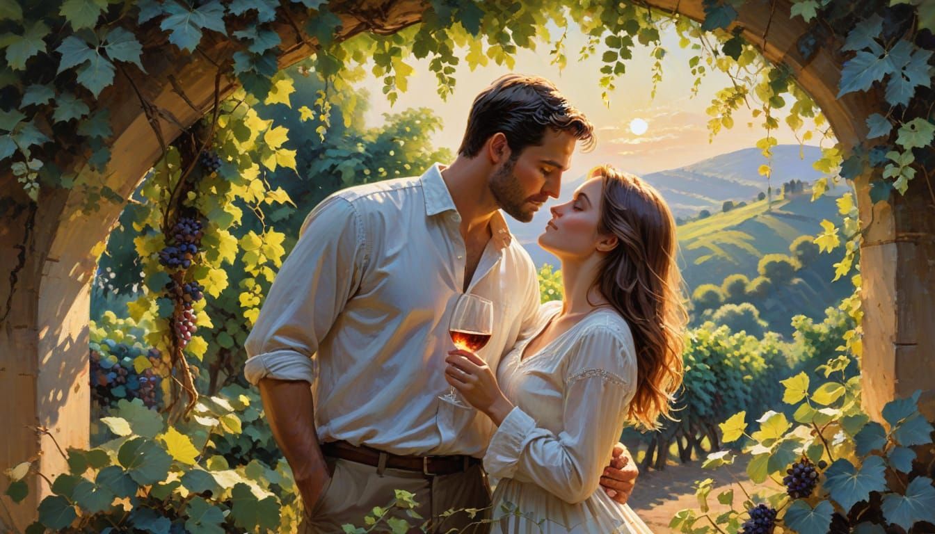 Romantic Couple in French Countryside: Gouache Impressionism