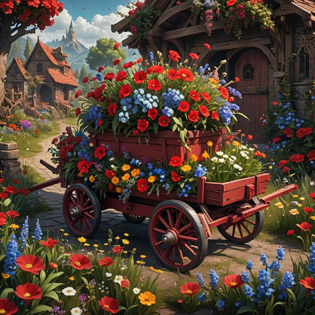 Red Wagon Filled with Flowers: Detailed Matte Painting