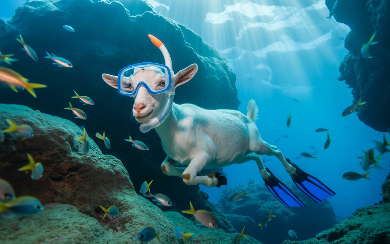 Goat Snorkeling in Coral Reef Photograph
