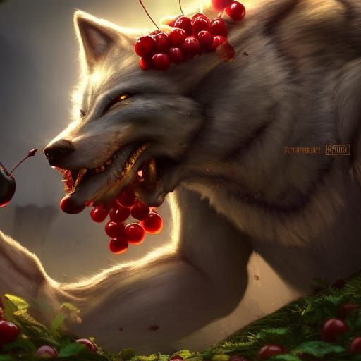 Werewolf's Cherry Feast: A Detailed Fantasy Painting