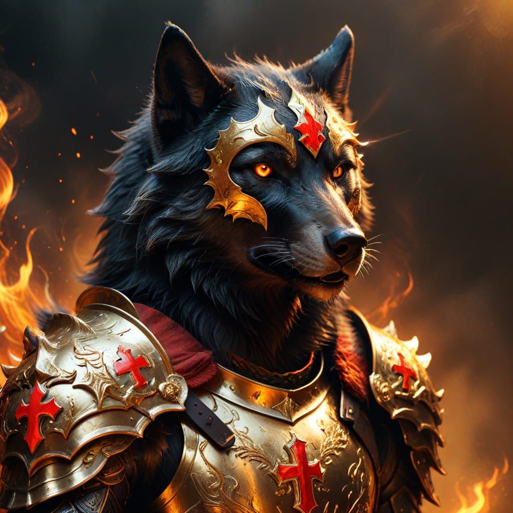Armored Black Wolf with Fiery Sword Digital Art