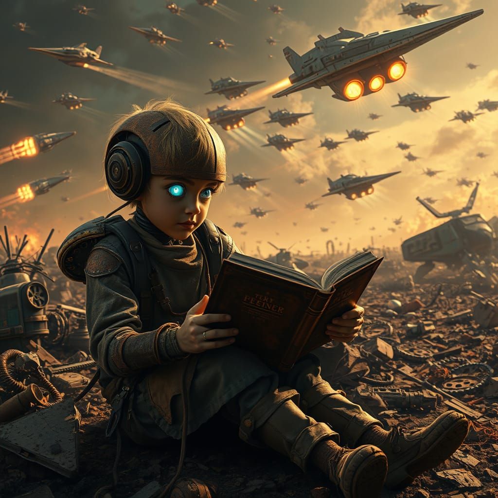 Cyberpunk Boy Reads with Rusty Robot in Post-Apocalyptic Was...