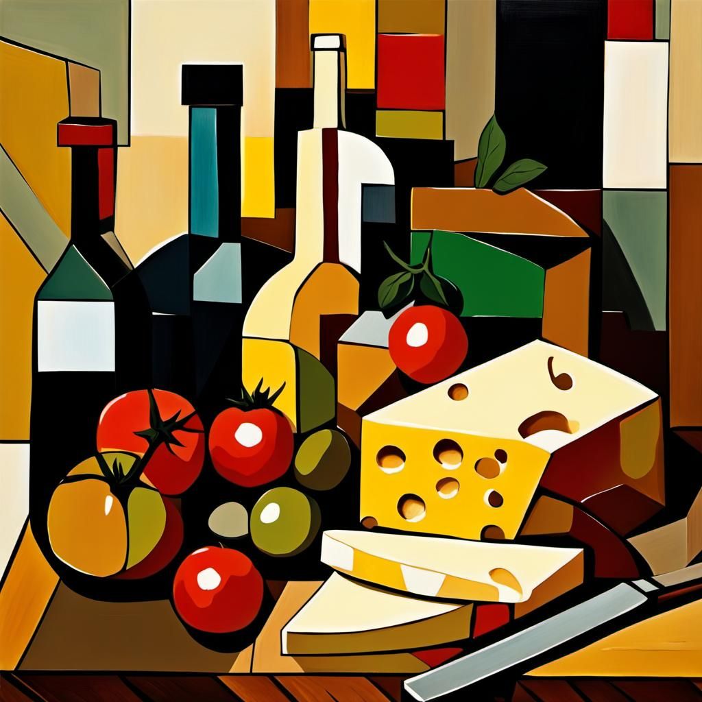 Cubist Still Life with Cheese, Bread, and Wine