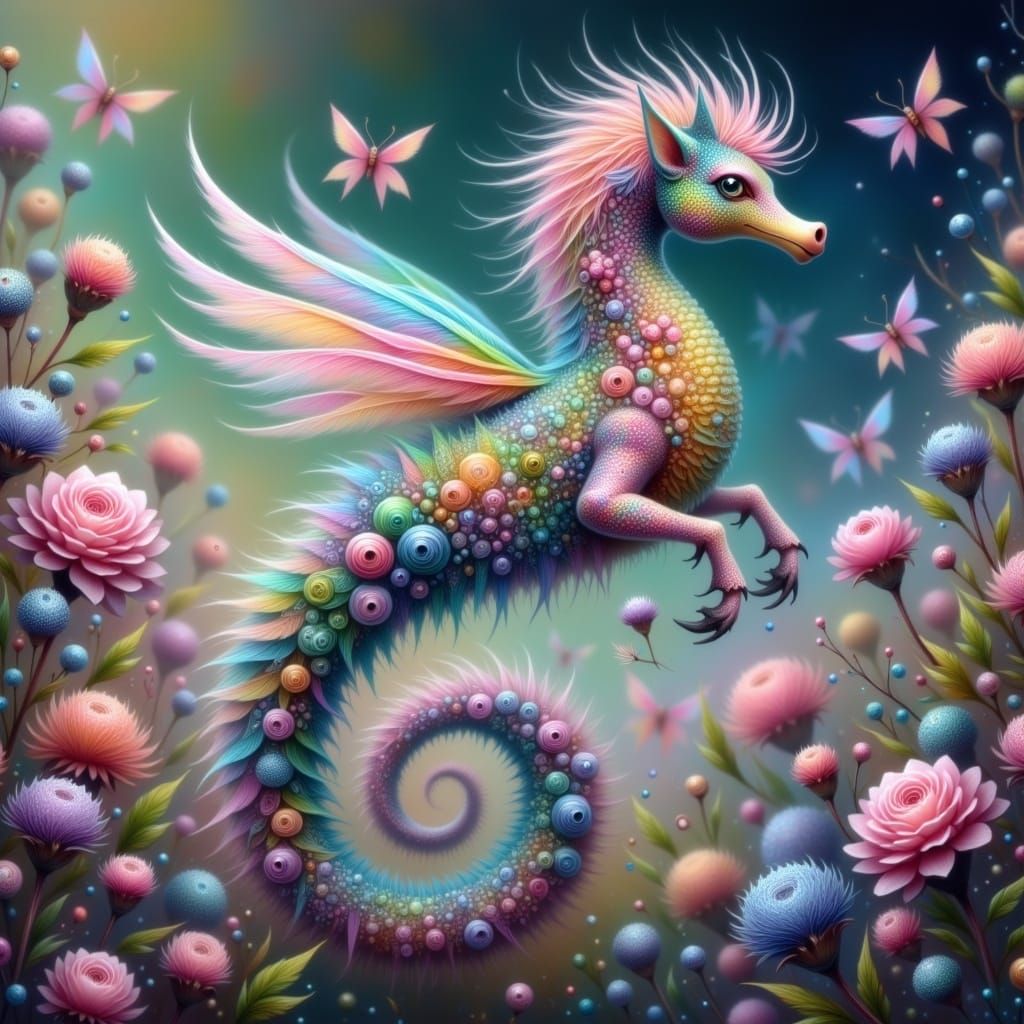 Whimsical Fairy Punk Seahorse in Vibrant Floral Wonderland