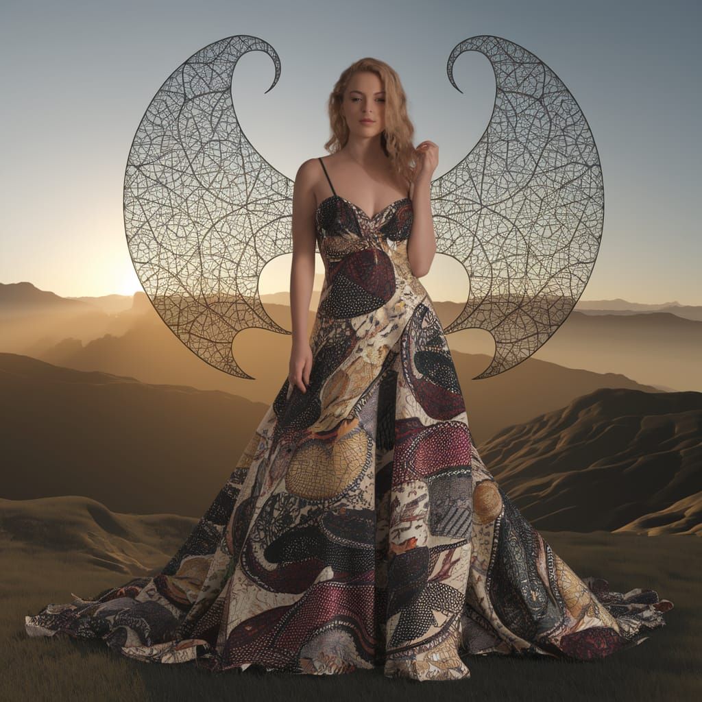Dragon Goddess in Scottish Patterned Gown at Sunrise