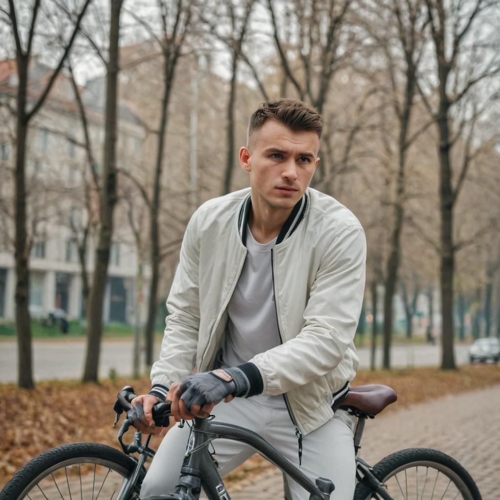 Slavic Man Riding Sport Bike in Outdoor Setting