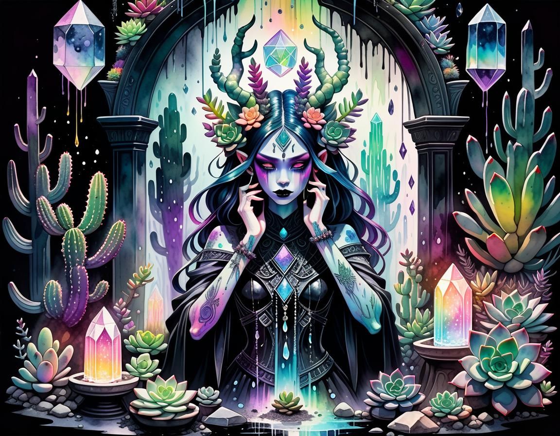 Pastel Goth Demoness with Runes in Watercolour