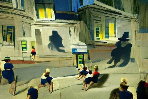 Shadow Creatures Roaming City Streets: Moody Impressionism