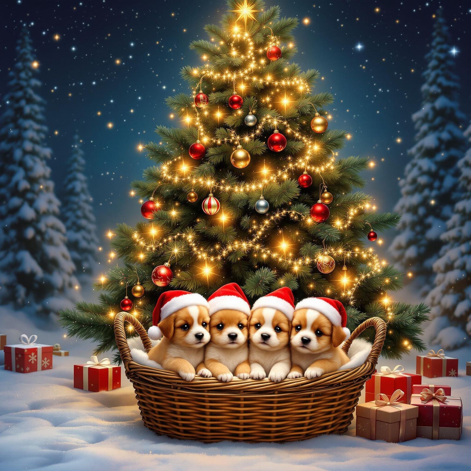 Whimsical Winter Wonderland with Adorable Puppies and Enchan...