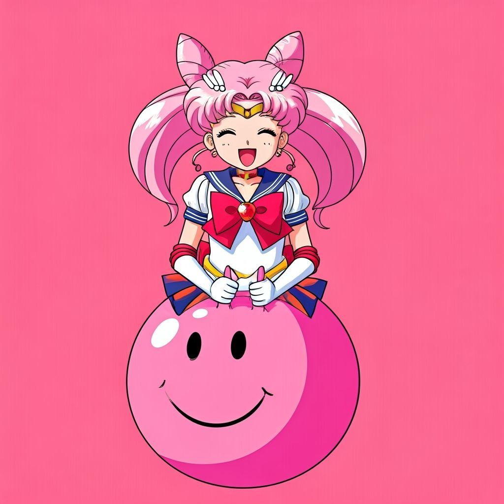 Chibiusa Bouncing on Pink Smiley Ball, Anime Style