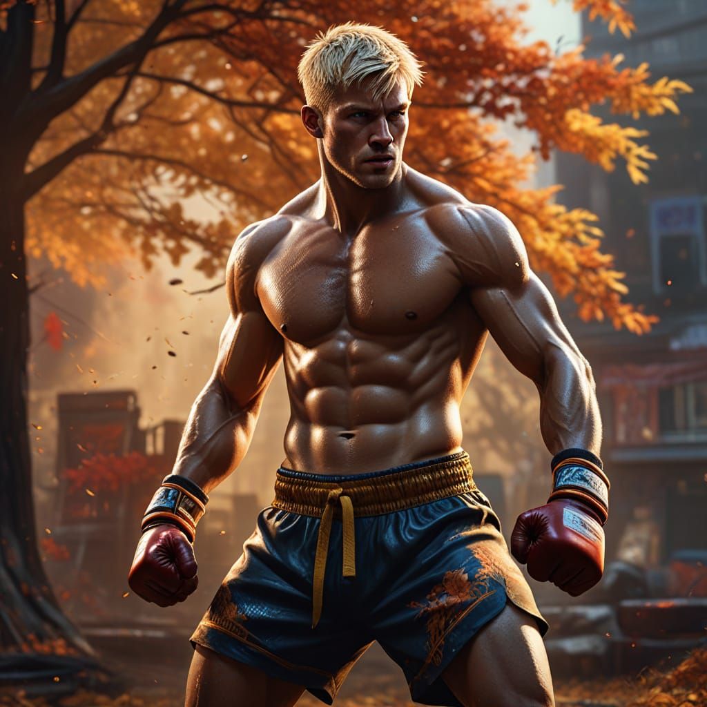 Blond Muay Thai Fighter in Autumn Dynamic Digital Painting