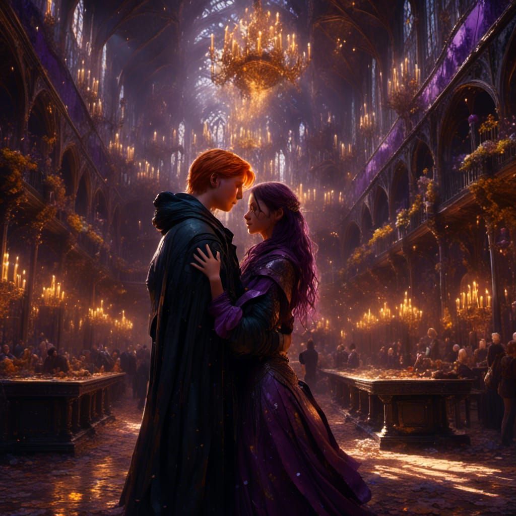 Fred Weasley Hugs a Girl at Hogwarts in Dark Fantasy