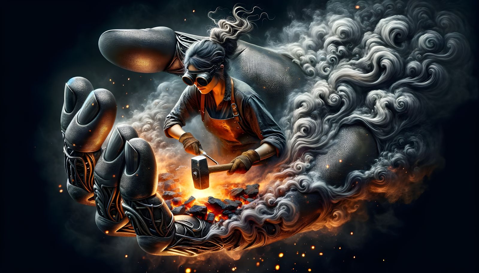 Metal Hand Rises from Flames in Swirling Smoke Art