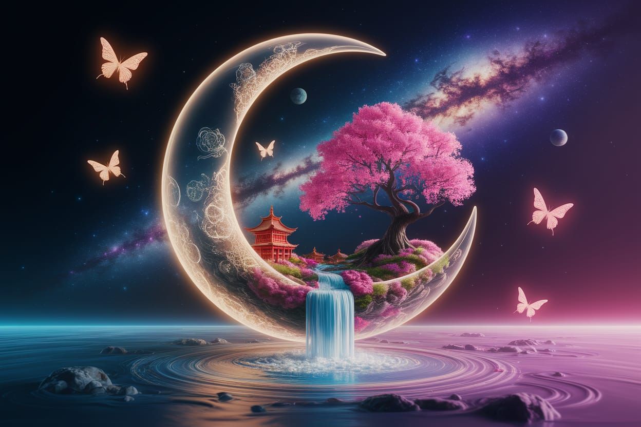 Glowing Crescent Moon Holds Miniature Chinese Village in Sur...