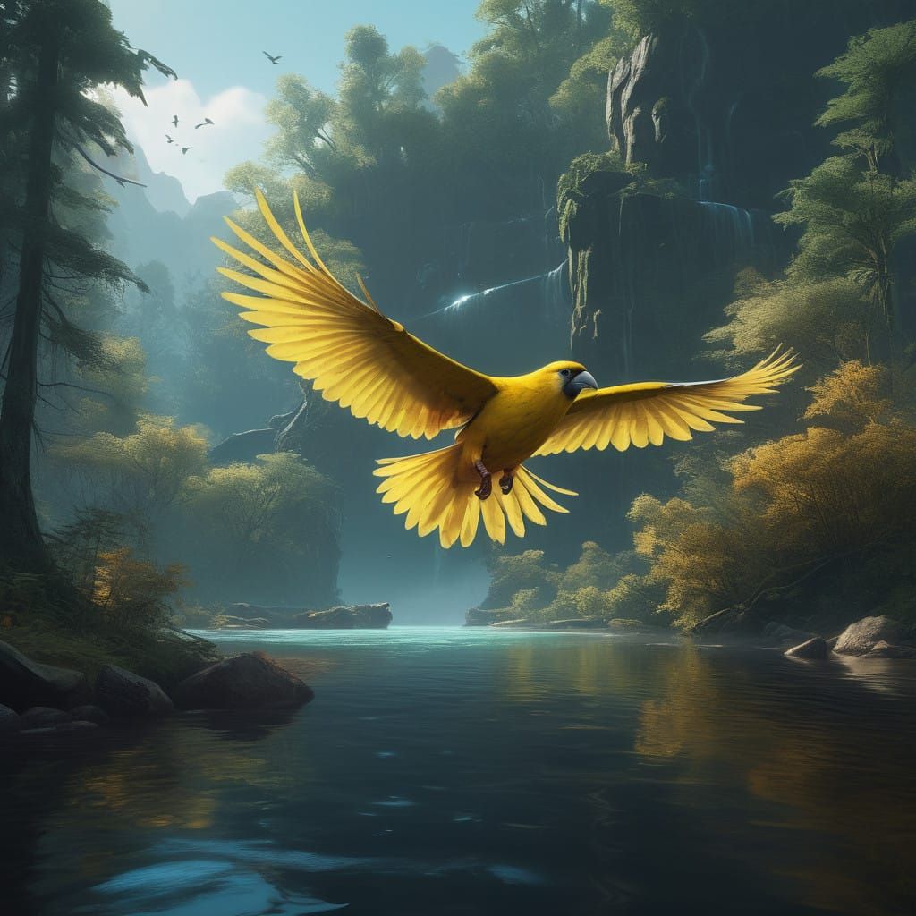 Majestic Canary Soars Over Serene River in Vibrant, Dreamlik...