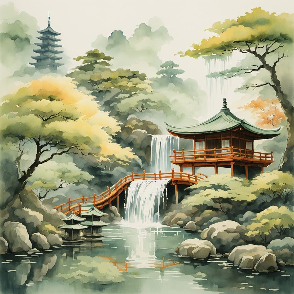 Serene Waterfall in Japanese Watercolor Style