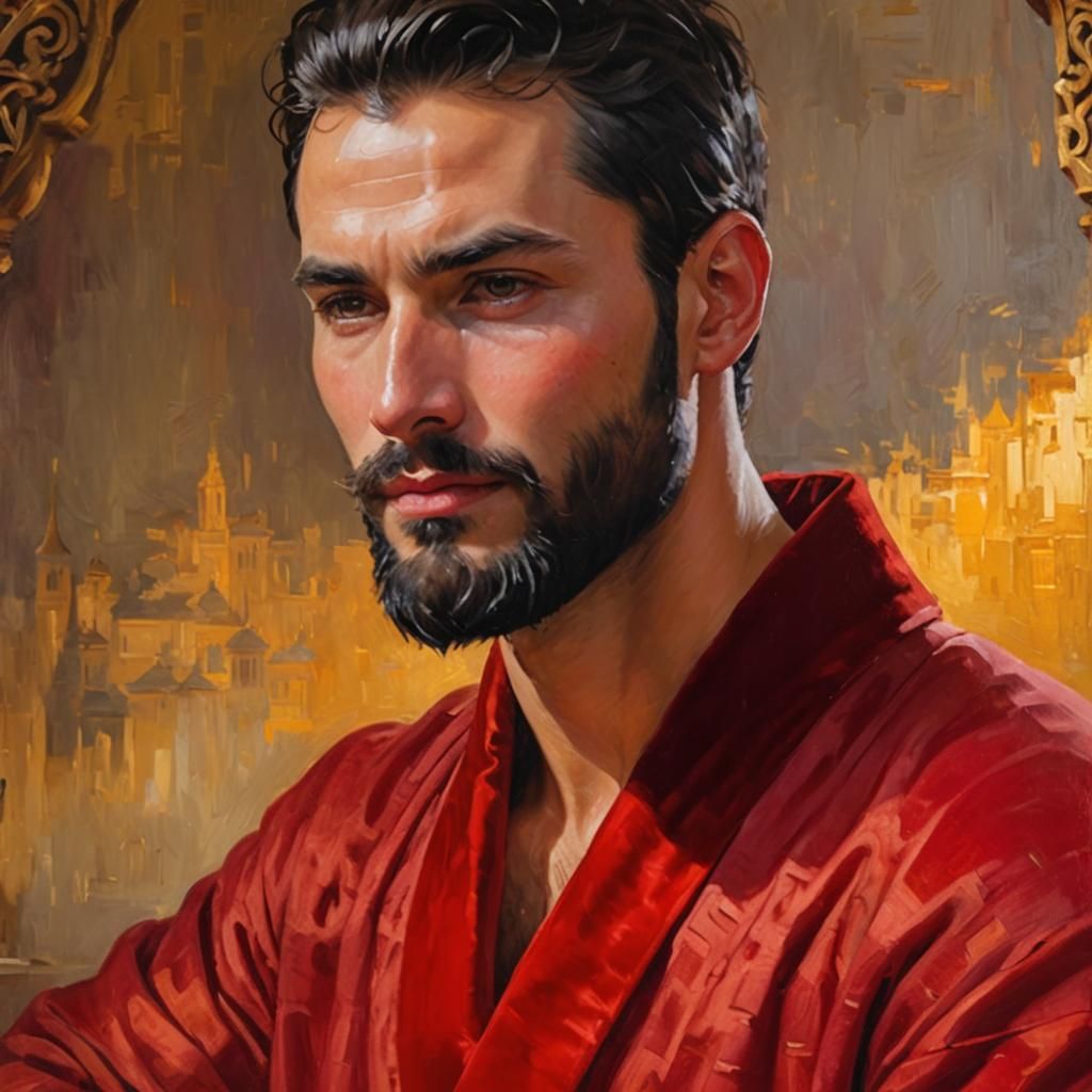 Handsome Man in Red Bathrobe: Impressionist Oil Painting