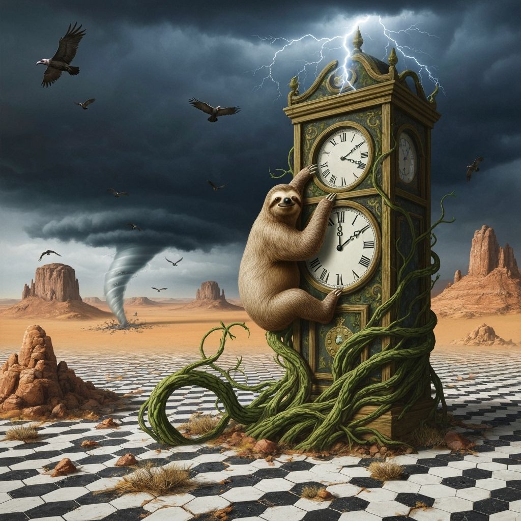 Surreal Desert Clock with Sloth in Storm