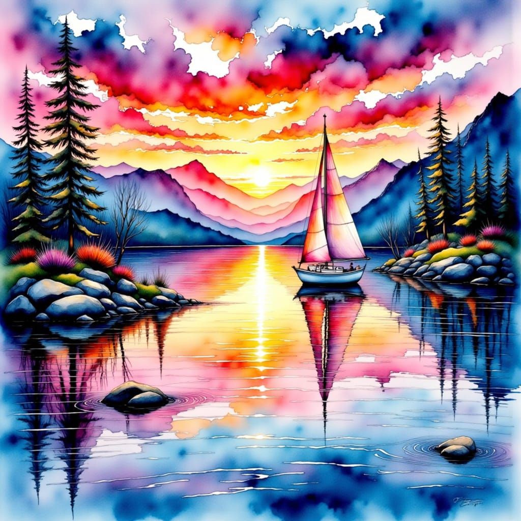 Sailboat at Sunset in Impressive Ink Art Style