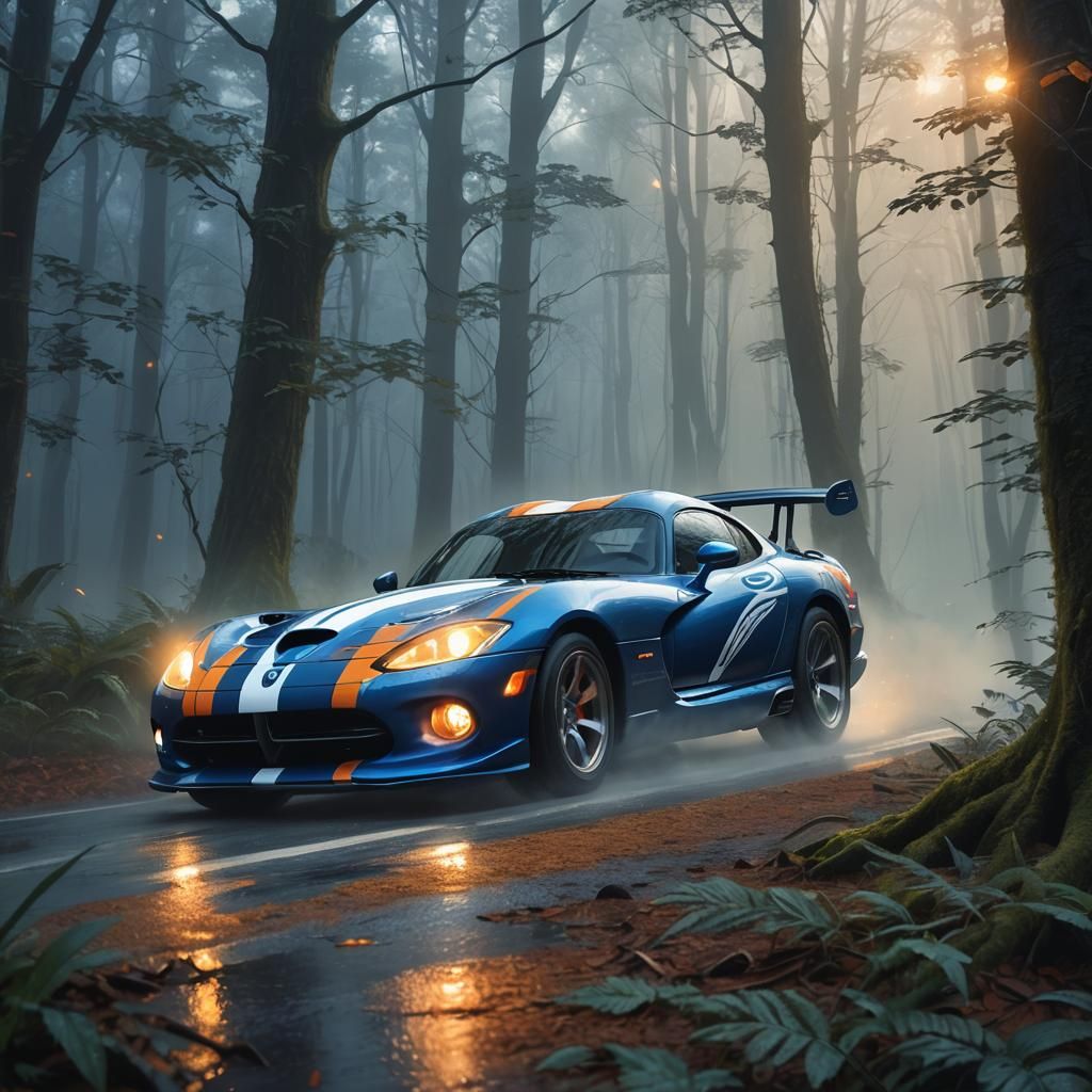 Blue Dodge Viper Races Through Mystical Forest