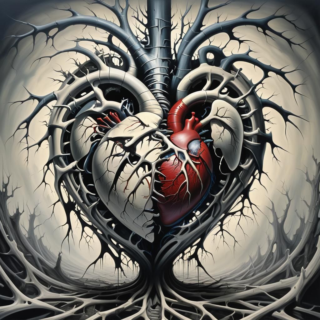 Surreal Cracked Heart with Skeletal Figure