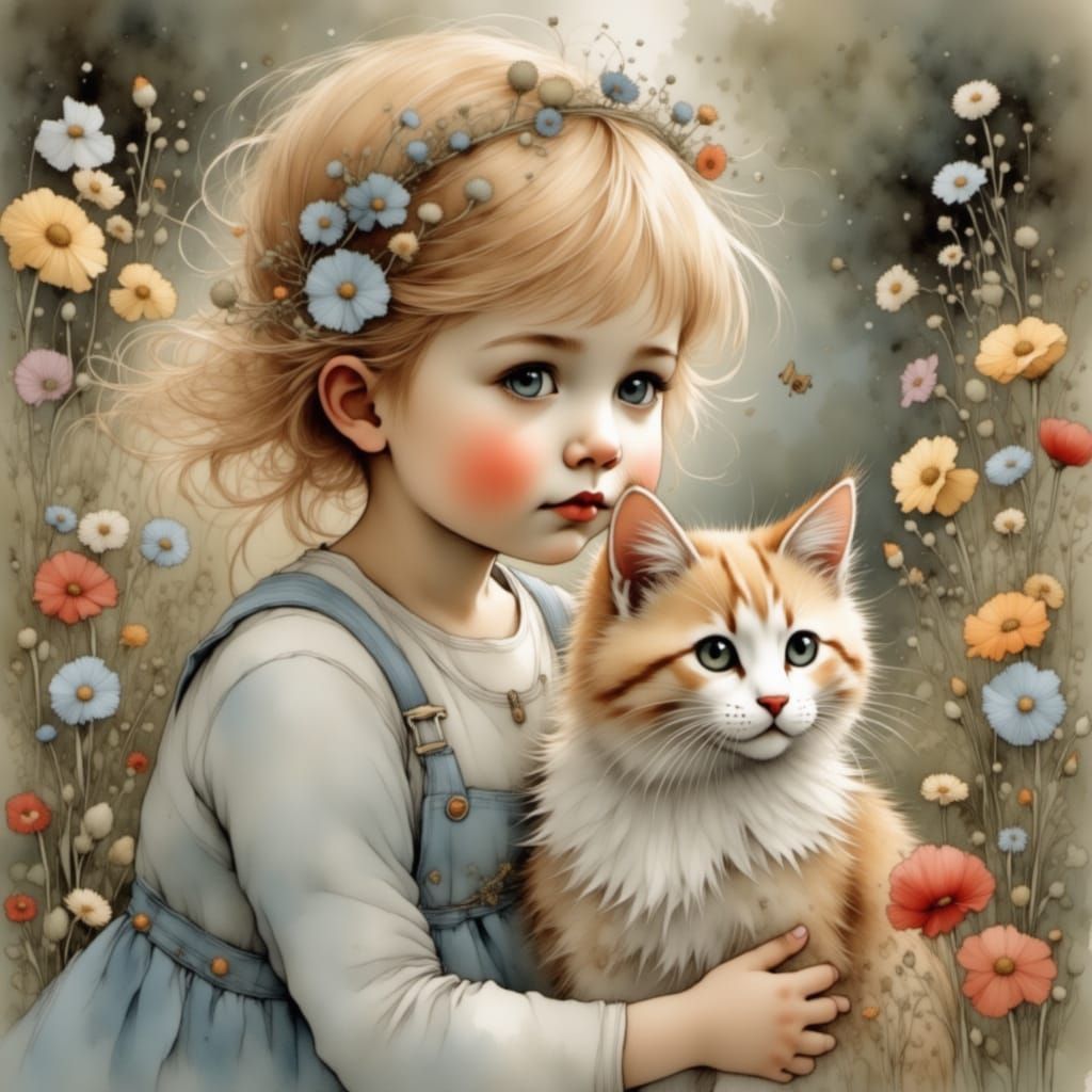 Toddler Siblings and Cat in Sunny Garden Illustration