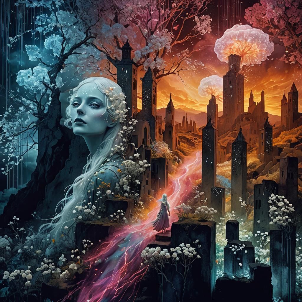 Pale Fairy Surrounded by Ghost Flowers in Dreamscape