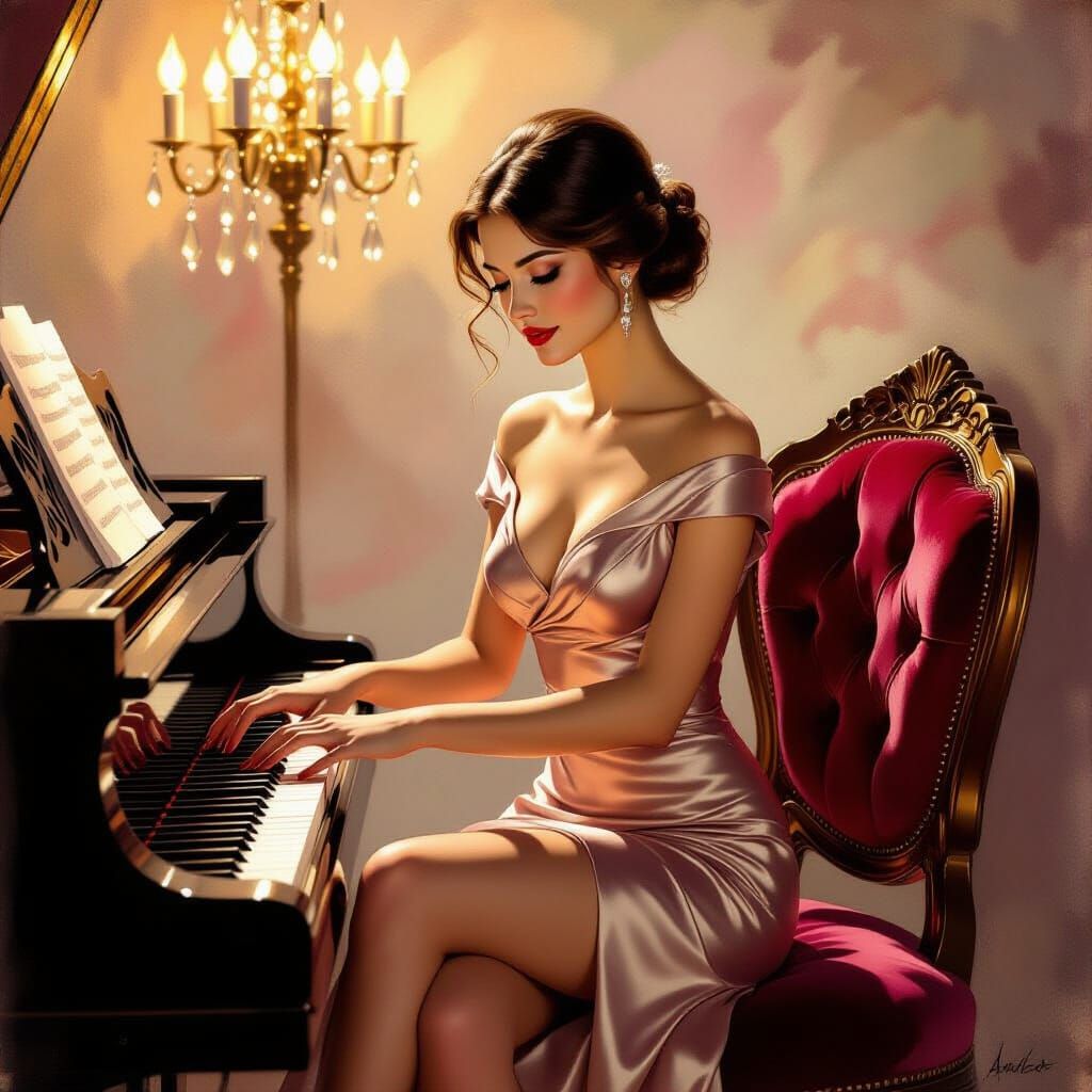 Elegant Woman Plays Piano in Shimmering Satin Dress