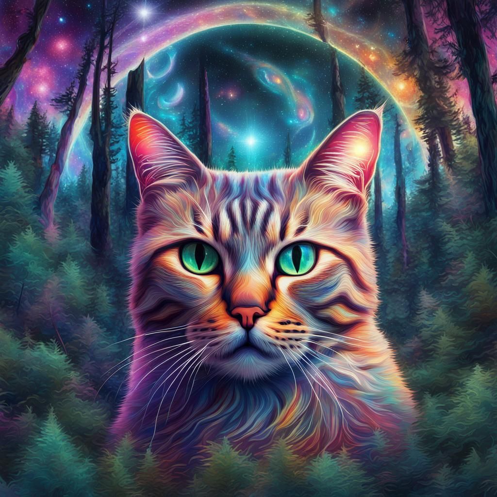Astral Cat in Forest, Holographic Illustration