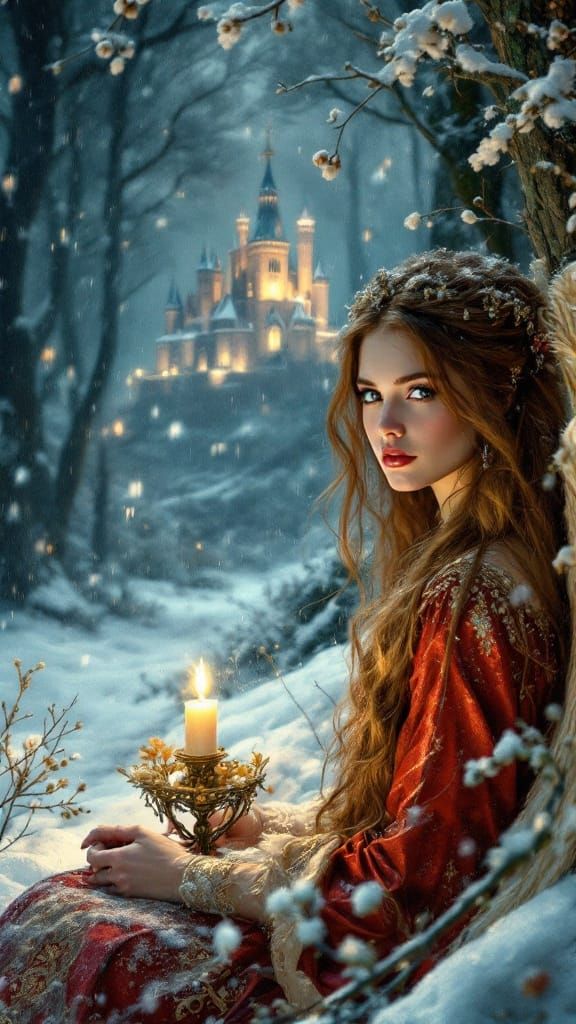 Enchanted Medieval Beauty with Angel Wings in Snowy Forest