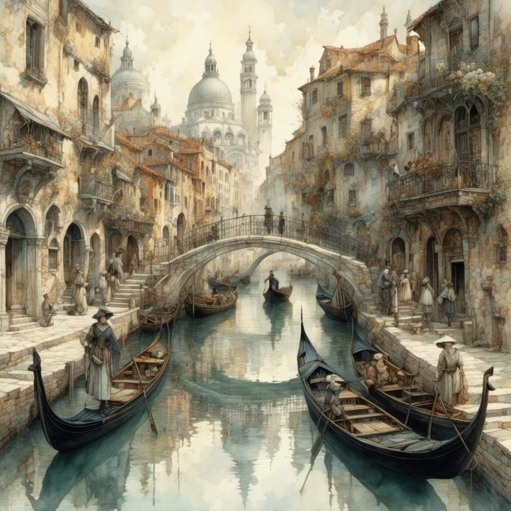 Venice Canal at Midnight in Art Brut Style