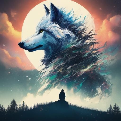 Cosmic Wolf Howling at Moon in Dark Forest
