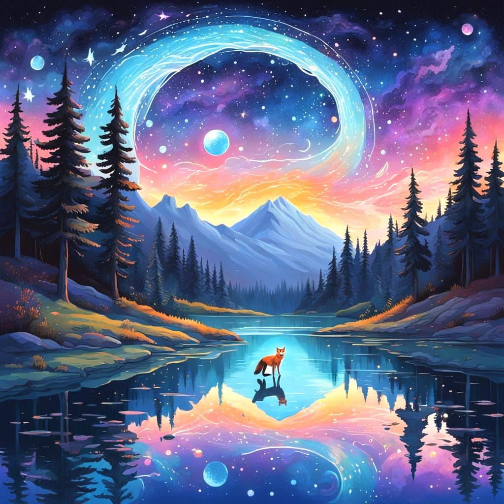 Fox Approaches Cosmic Portal Over Twilight Lake