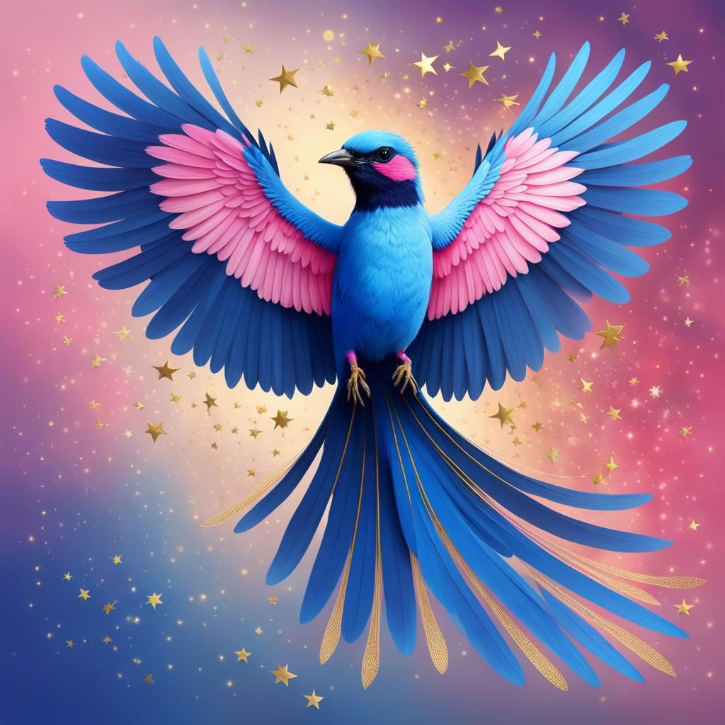 Colorful Bird with Long Tail and Golden Stars