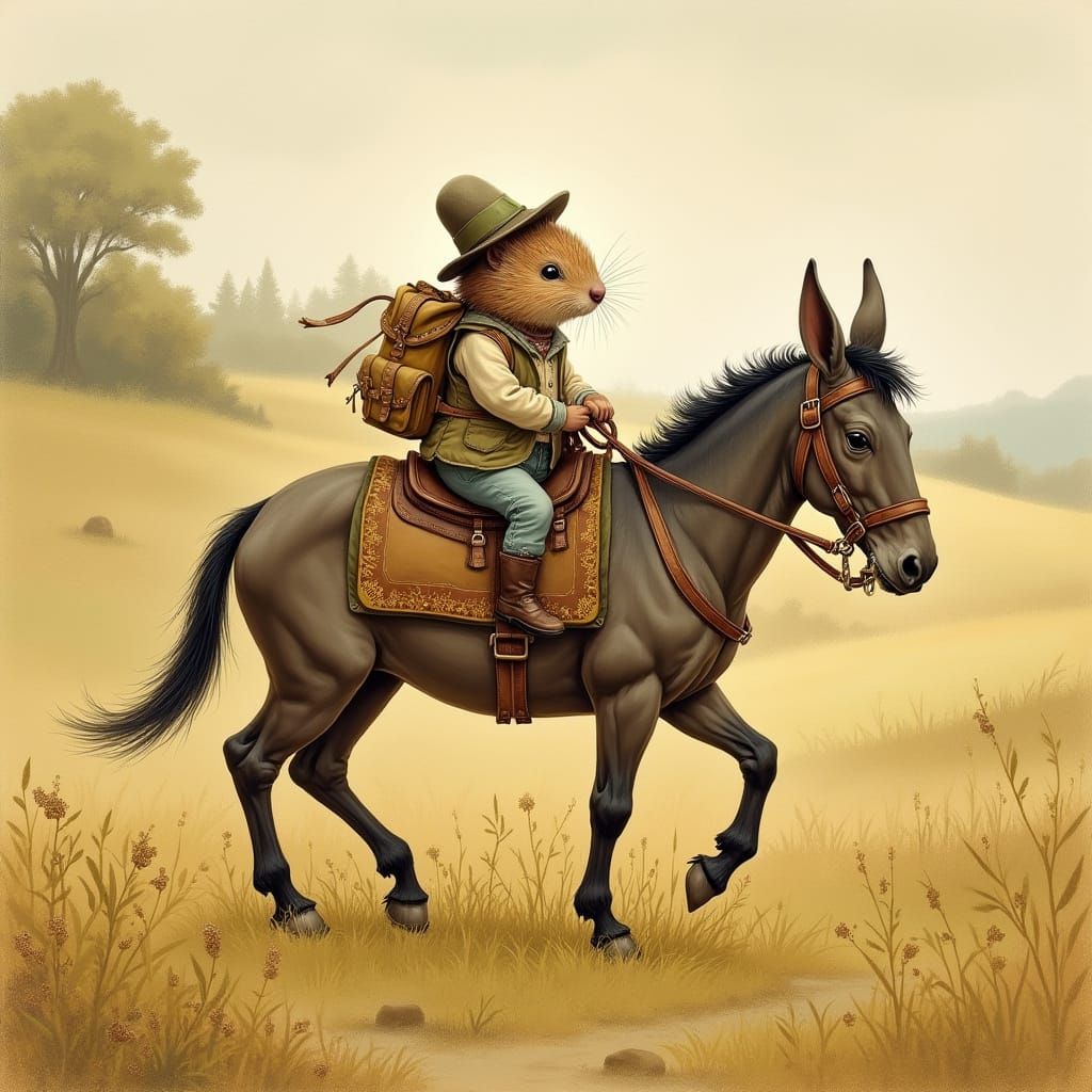 Mole Rides Mule in Golden Countryside, Whimsical Style