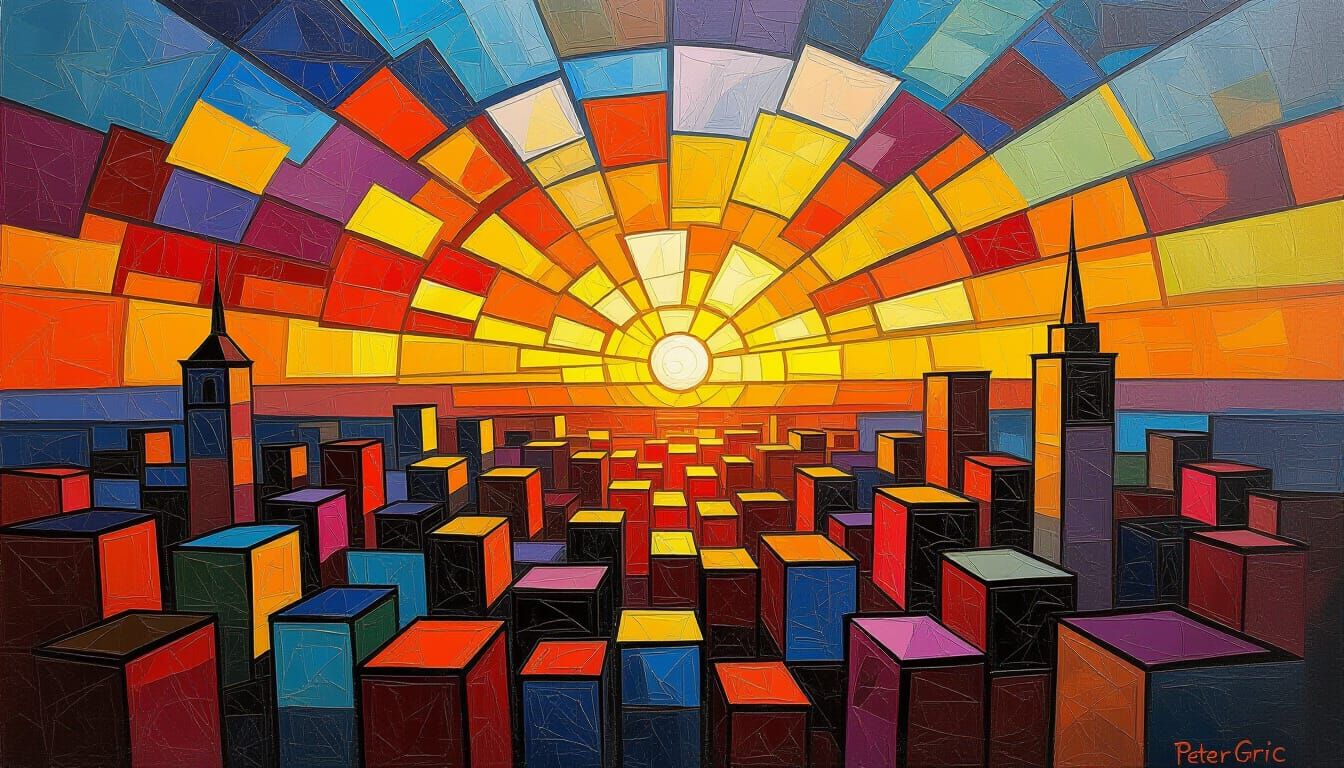 Cubist Urban Explosion at Sunset in Acrylic