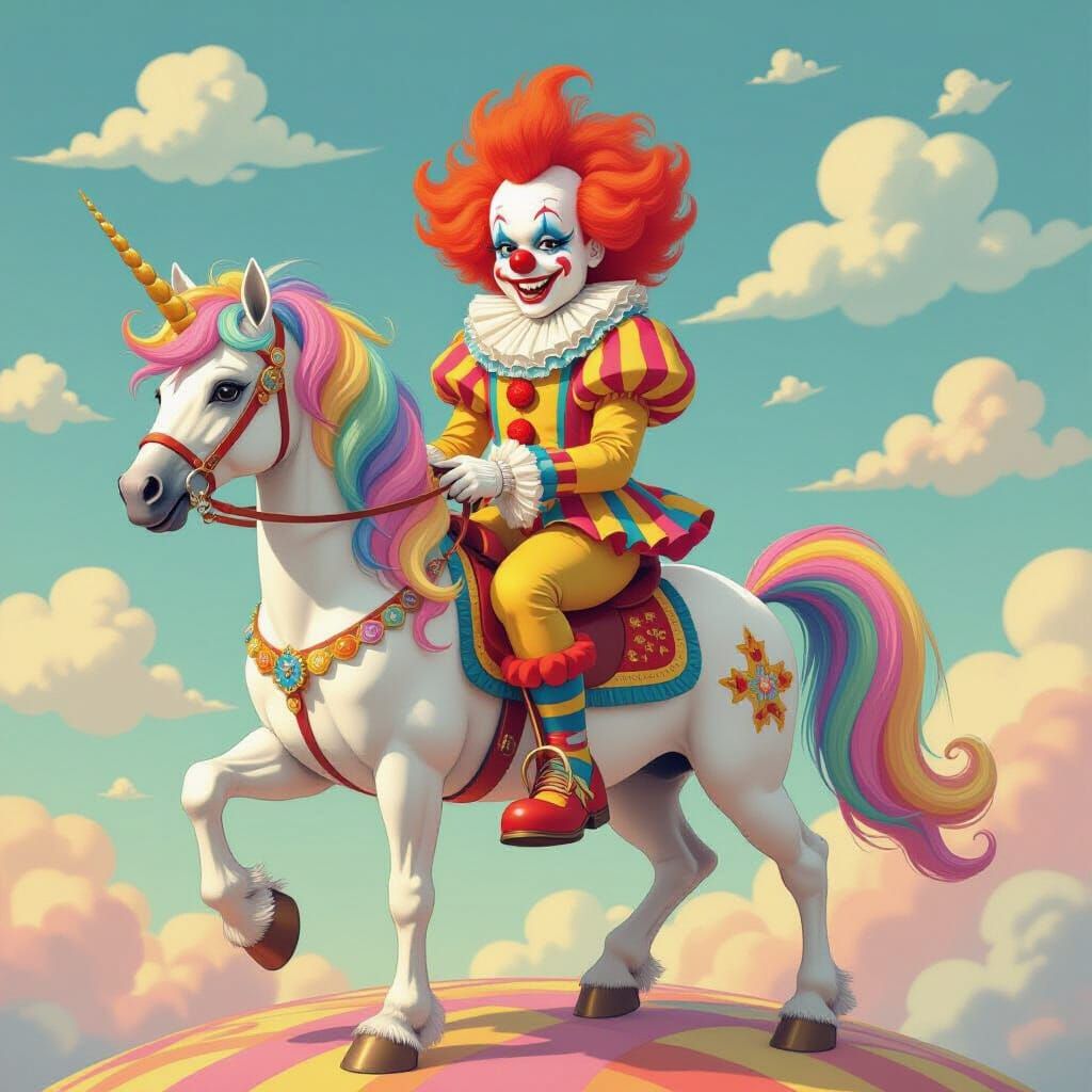 Clown Riding Unicorn in Whimsical Style