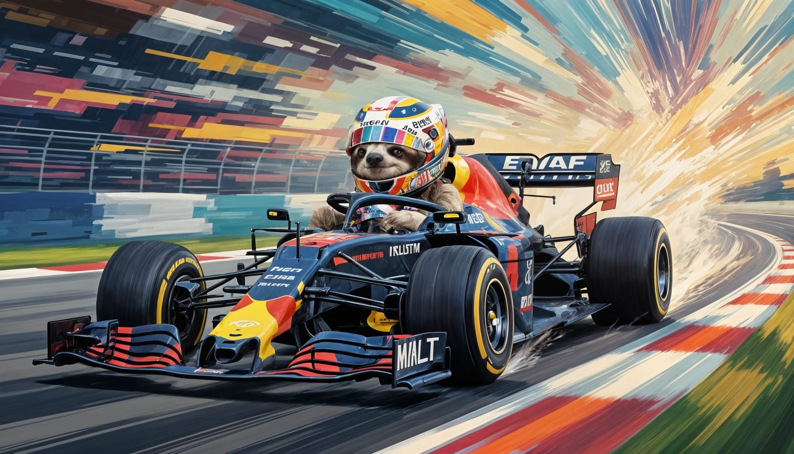 Sloth Races Formula 1 Car in Expressionist Style