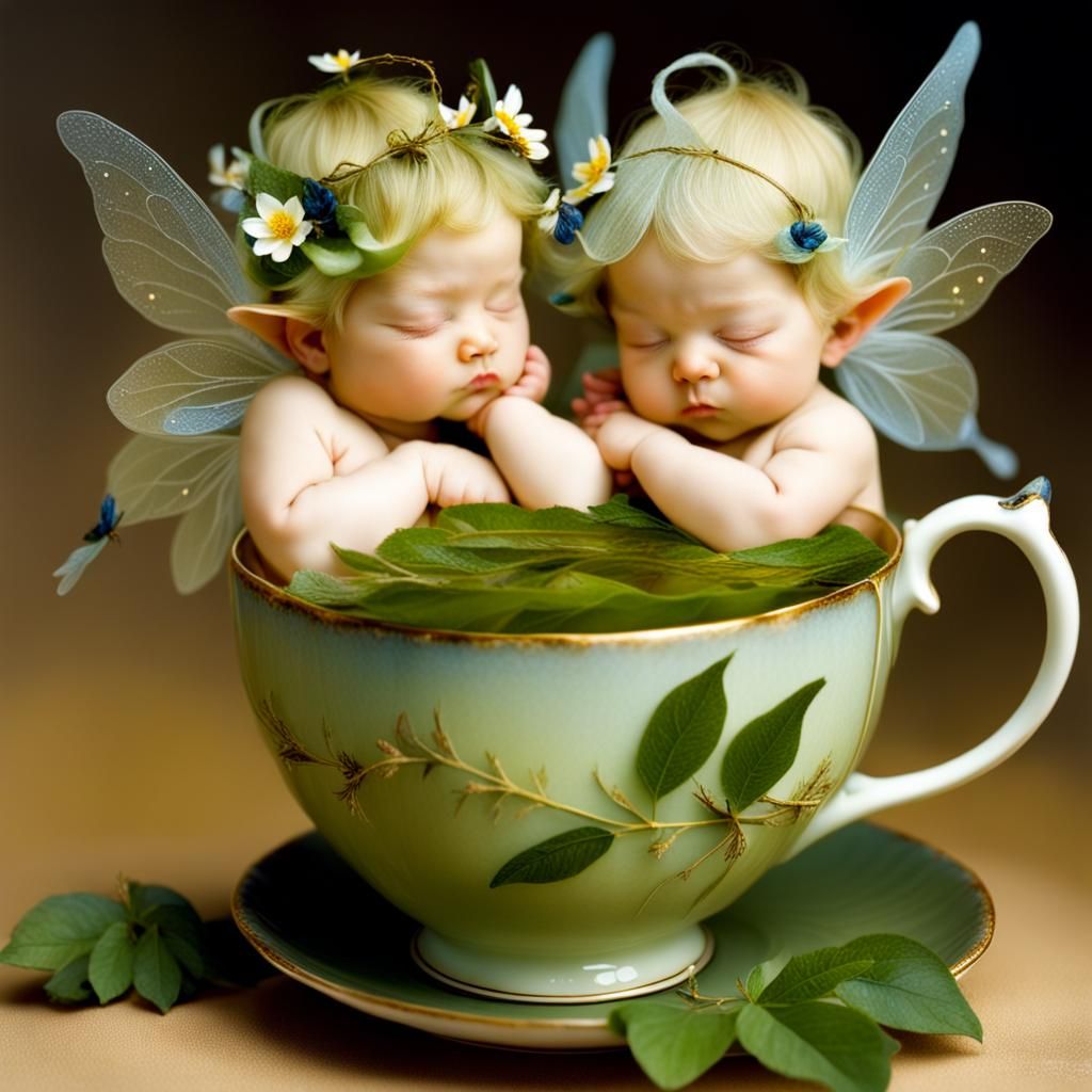 Baby Fairies Sleeping in Teacup, Anne Geddes Style