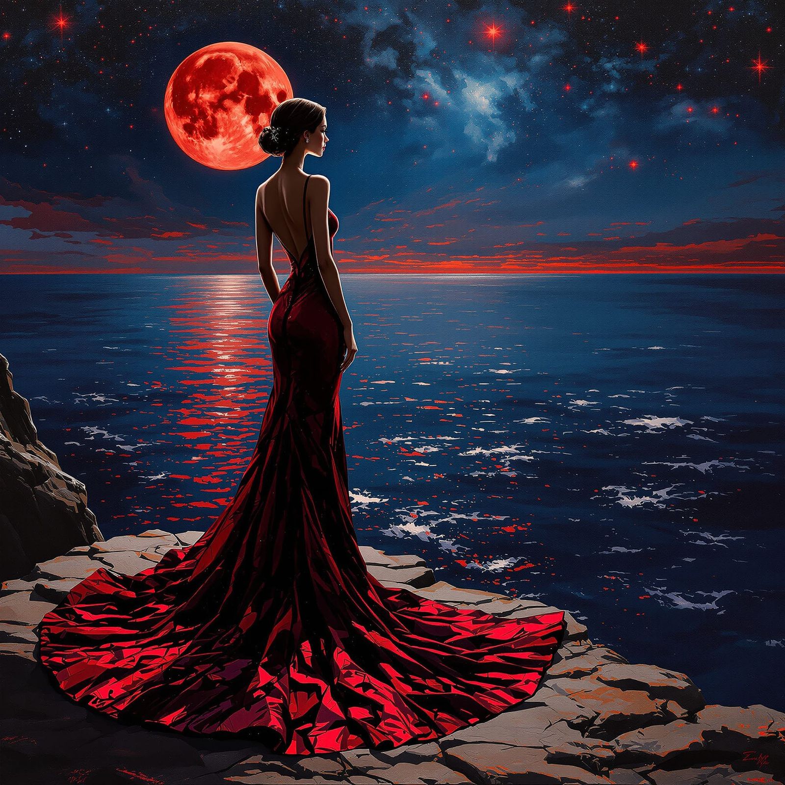 Woman in Burgundy Gown on Cliff Edge Under Blood Moon