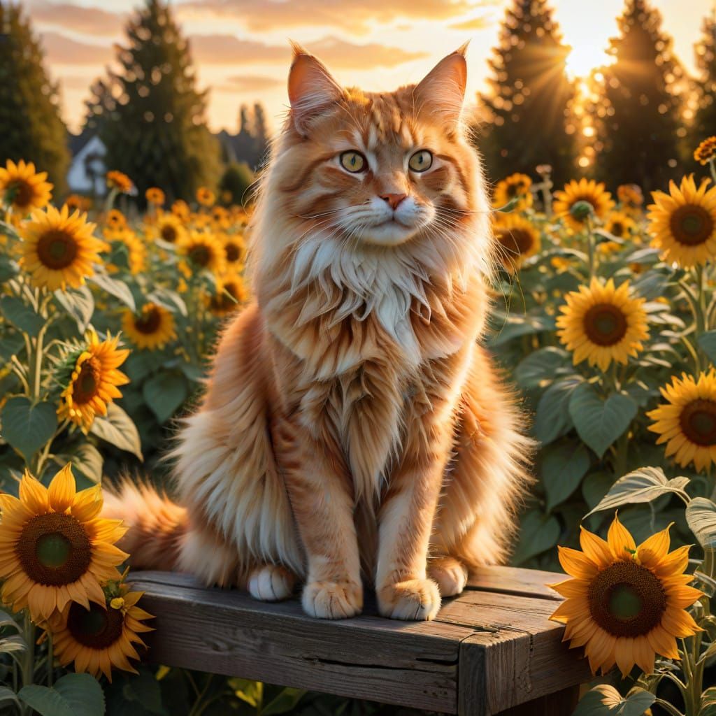 Exquisite Feline Portrait in Whimsical Sunflower Garden