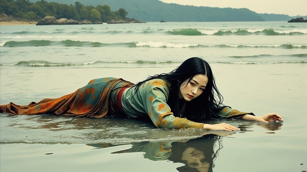 Serene Korean Woman in Tidepool, Inspired by Ukiyo-e and Tur...