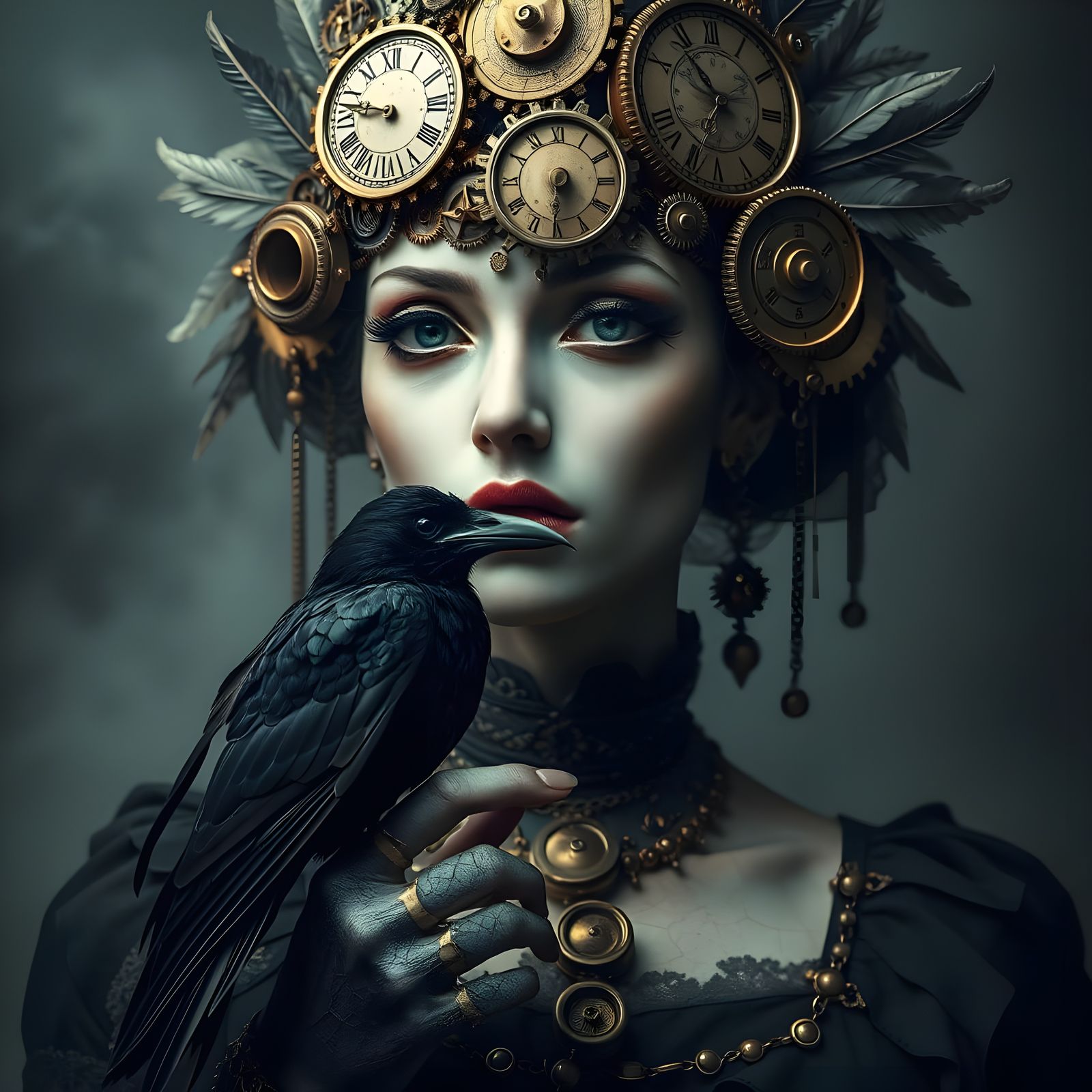 Steampunk Woman with Raven, Gears, and Clockwork Details