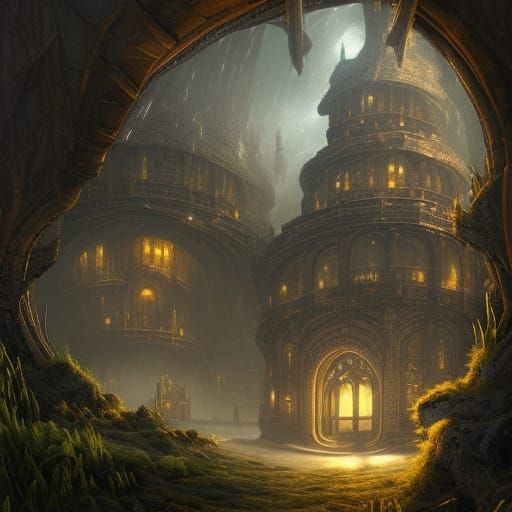 Underwater Cityscape with Skull Dungeon Entrance